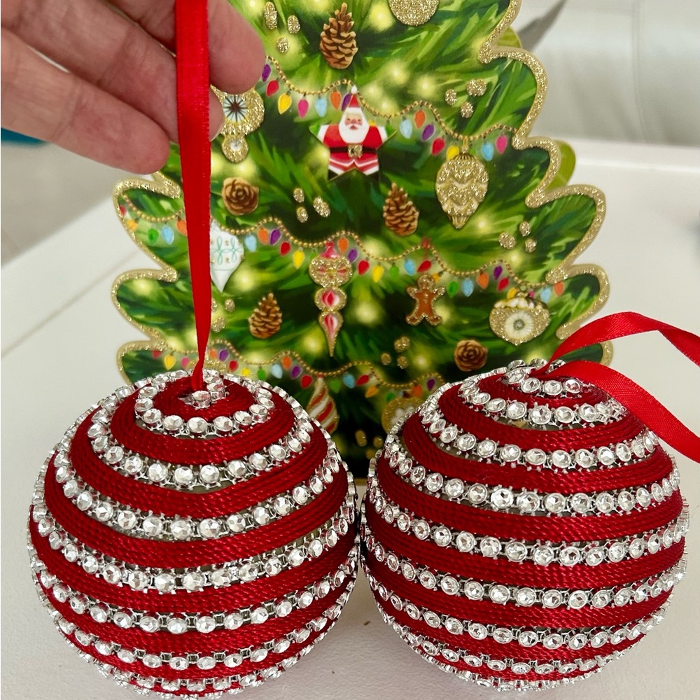 2 Large Red Satin Cord & Rhinestone Christmas Round Sparkling Bling Ornaments 4”